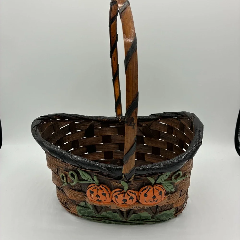 Vintage Woven Splint Basket Halloween Jack-O-Lantern Pumpkins Happy Halloween